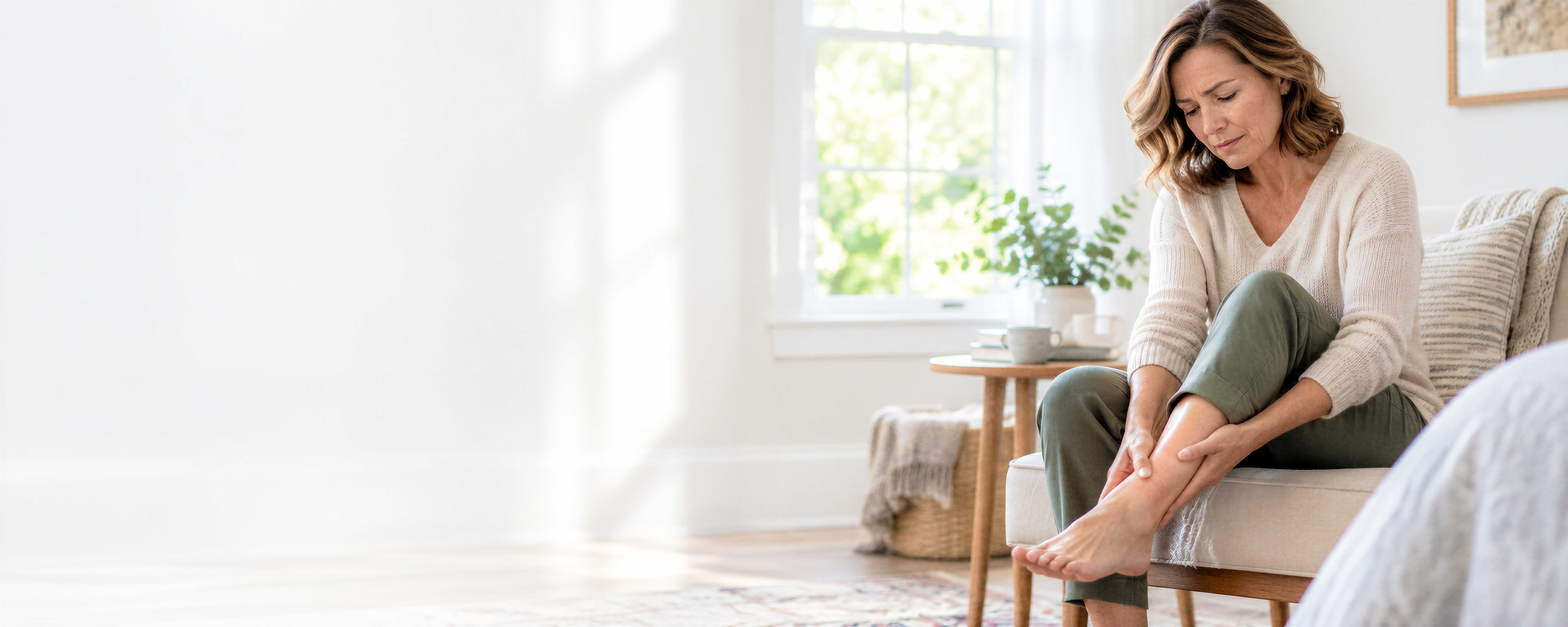 A person seated on a couch holding one foot, experiencing discomfort in the foot and lower leg