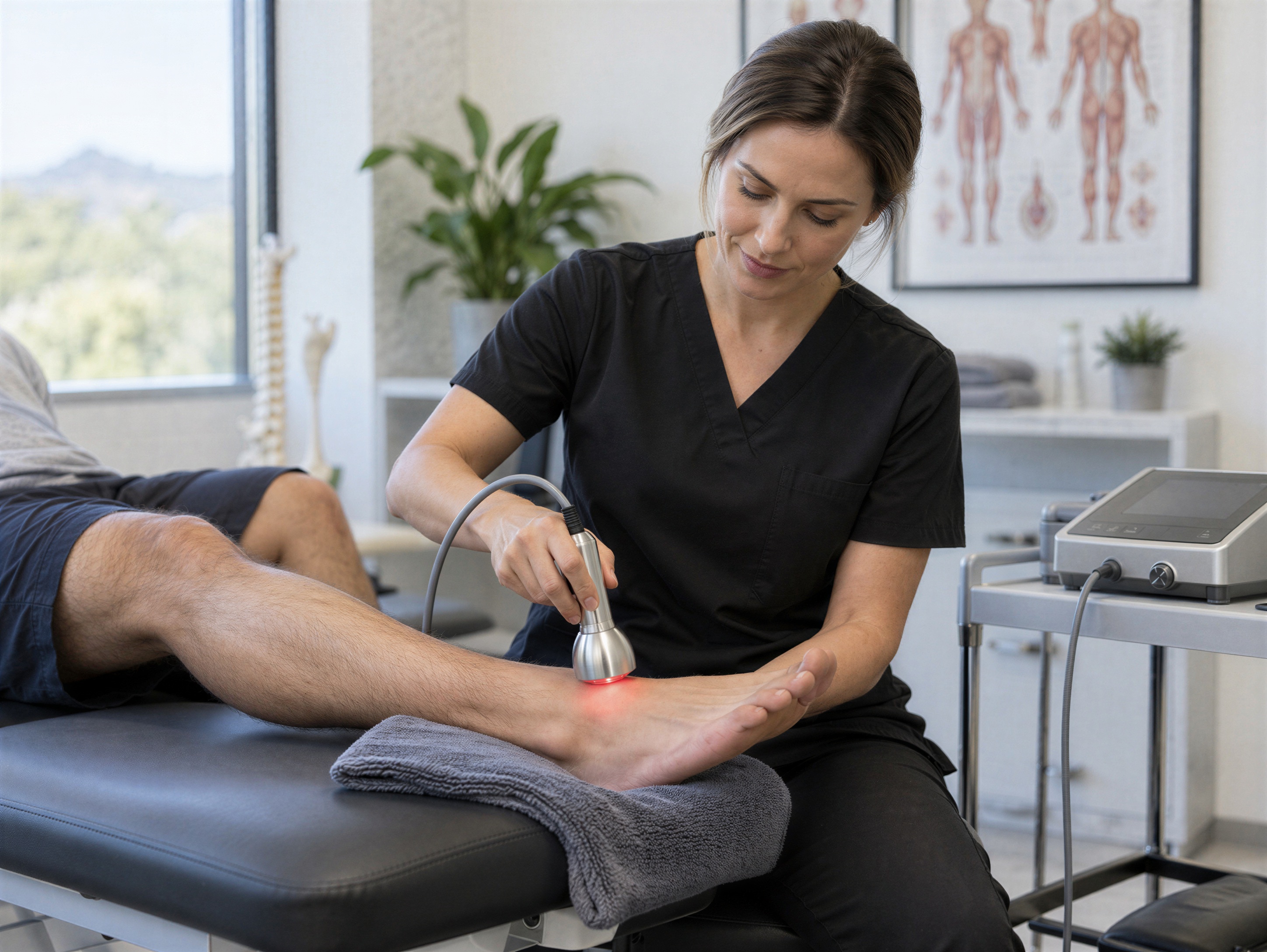 A clinician administering laser therapy to a patient's foot