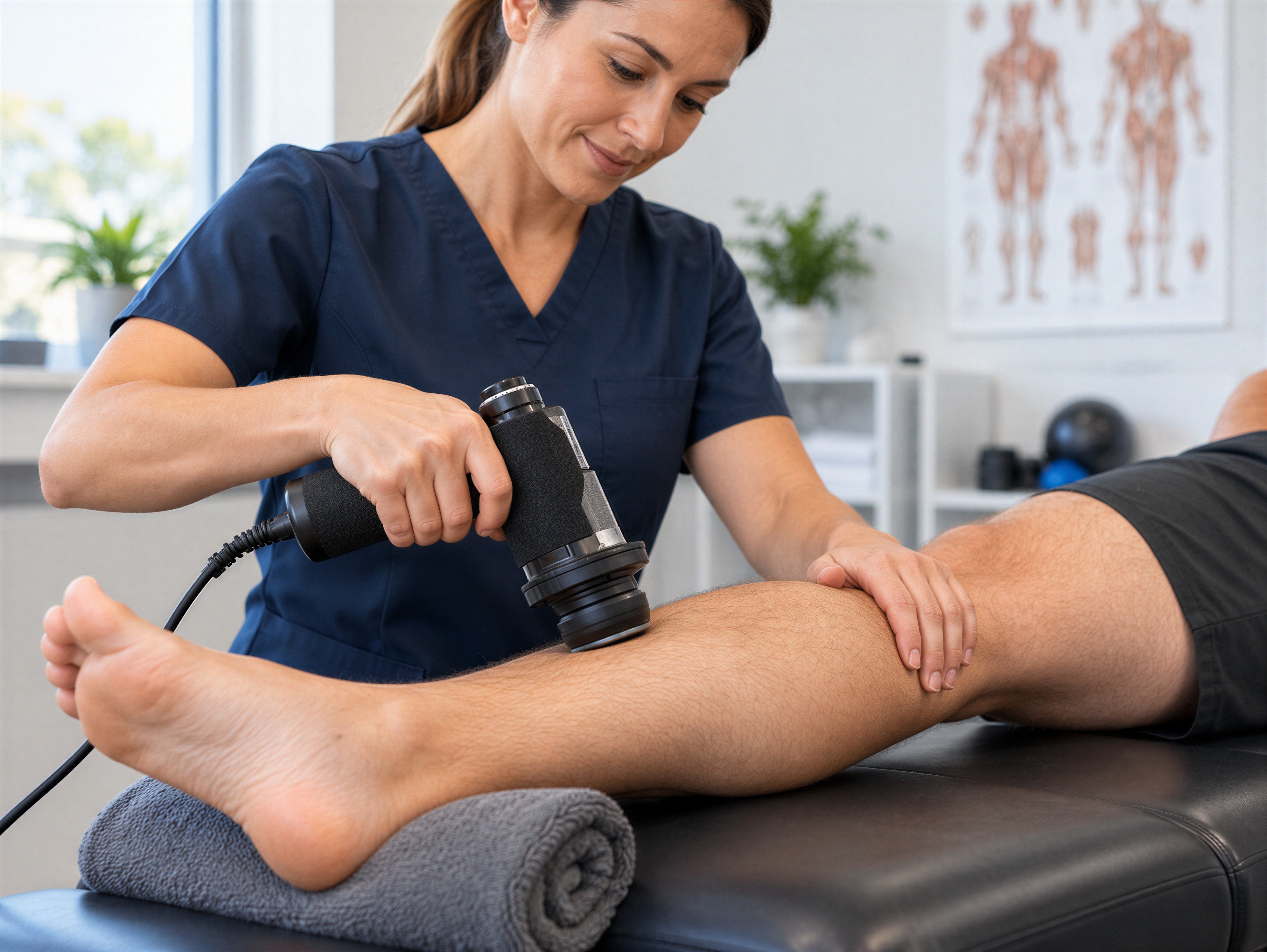 A clinician using a Vibracussor percussive therapy device on a patient's leg
